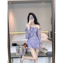 紫色连衣裙女2024春季新款收腰显瘦气质感一字肩雪纺仙女裙子