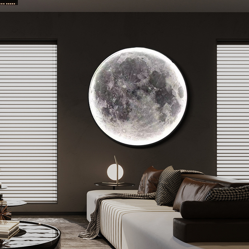 时尚ins个性带灯月亮发光挂画客厅装饰画轻奢圆形沙发背景墙壁画