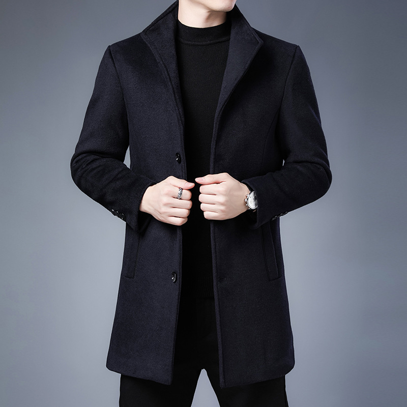 中长款男士羊毛外套秋冬新款加厚修身男士商务保暖翻领毛呢大衣男