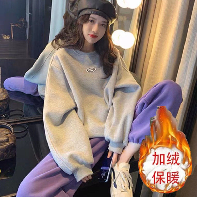 加绒加厚大码女装2023秋冬新款宽松显瘦休闲卫衣运动服套装两件套