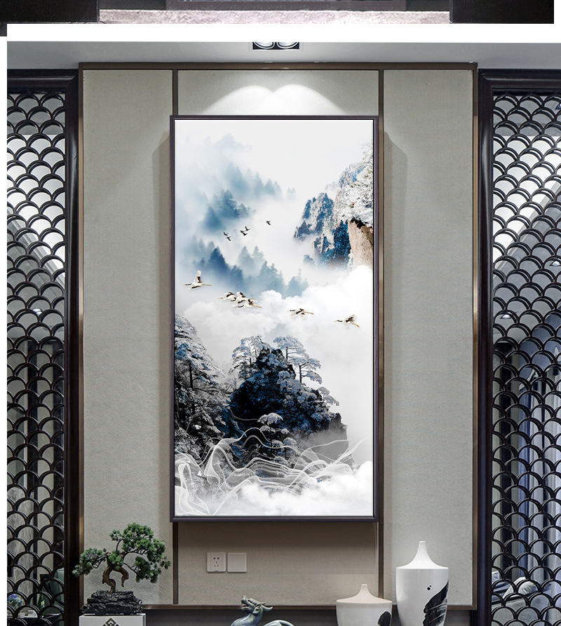 入户玄关装饰画中国风新中式竖版过道走廊背景墙画意境山水挂画