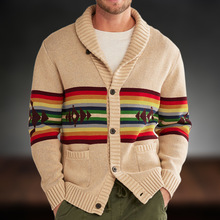 亚马逊新款男装 秋冬款条纹提花毛衣 翻领加厚开衫毛织外套SY0202