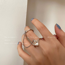 冷淡风方钻链条戒指女欧美ins小众设计感食指戒时尚个性指环