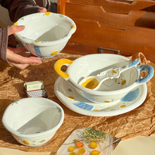 浮雕小飞鸽餐具小碗家用可爱陶瓷盘子儿童饭碗创意高颜值双耳碗选