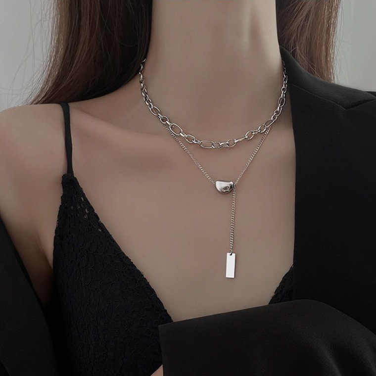 Jequirity Bean Double-Layer Titanium Steel Necklace Women's Simple Ins Lucky Bean Double-Layer Twin Clavicle Chain Neck Chain Ornament Accessories