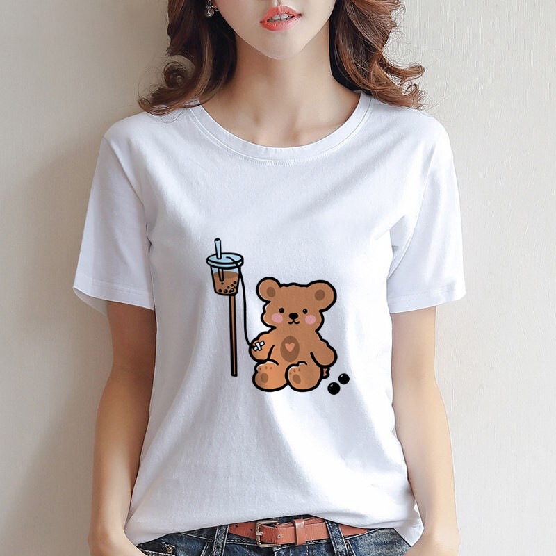 女式t恤短袖喝奶茶简约熊宽松修身显瘦ins韩版新款工厂定制女士棉