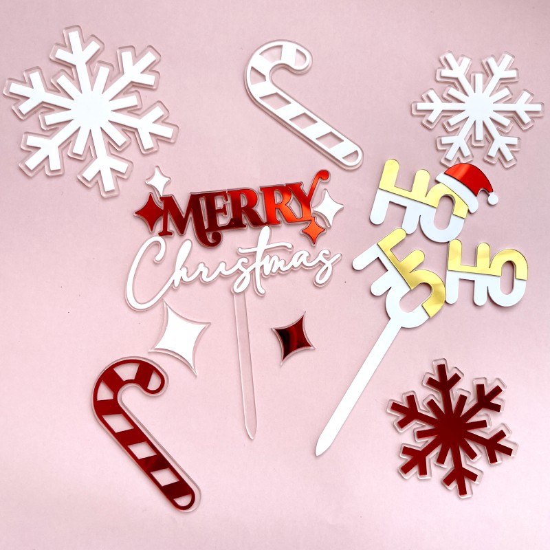 Cross-Border Ins Style Christmas Decoration Acrylic Snowflakes Crutch Cake Plug-in Hohoho Christmas Party Supplies