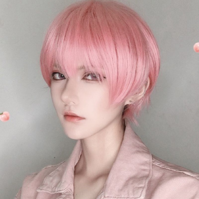 粉色假发男短发日系网红同款韩版帅气男士发型dk全头套式厂家批发