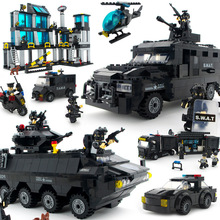 适用城市装甲警察车队防爆军事人仔吉普车特种兵基地拼装积木玩具