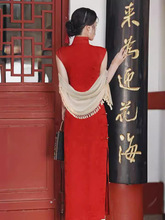 2024夏新中式复古暗纹提花全开襟古典优雅正红色旗袍高档国风长裙