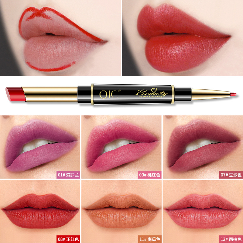 QIC Double-Headed Lipstick Lip Liner Lip Makeup Female Discoloration Resistant Hook Double-Headed Rotating Lip Pencil Matte Painting Lipstick Pen