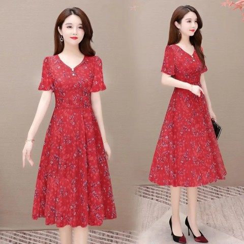 Large Size Loose 2023 Summer Artistic New Temperament Wild Season Printed Short Sleeve Middle-Aged Mom Dress for Women