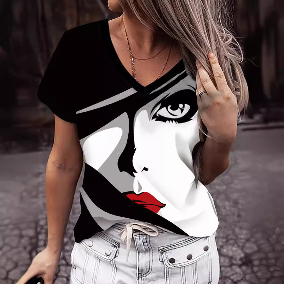 跨境女装速卖通wish亚马逊线条简约人脸抽象印花圆领短袖t恤女夏