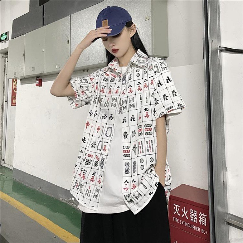 2024夏季个性ins中国风麻将印花短袖衬衣宽松大码国潮衬衫外套女