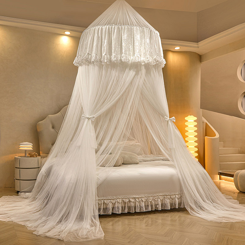 2024新款免安装圆顶吊顶式蚊帐家用吊挂落地式加厚加密公主风床幔