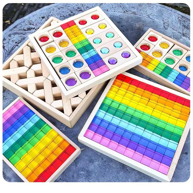 宝石积木亚克力高透光彩虹水晶立方体方块实木榉木房子儿童玩具