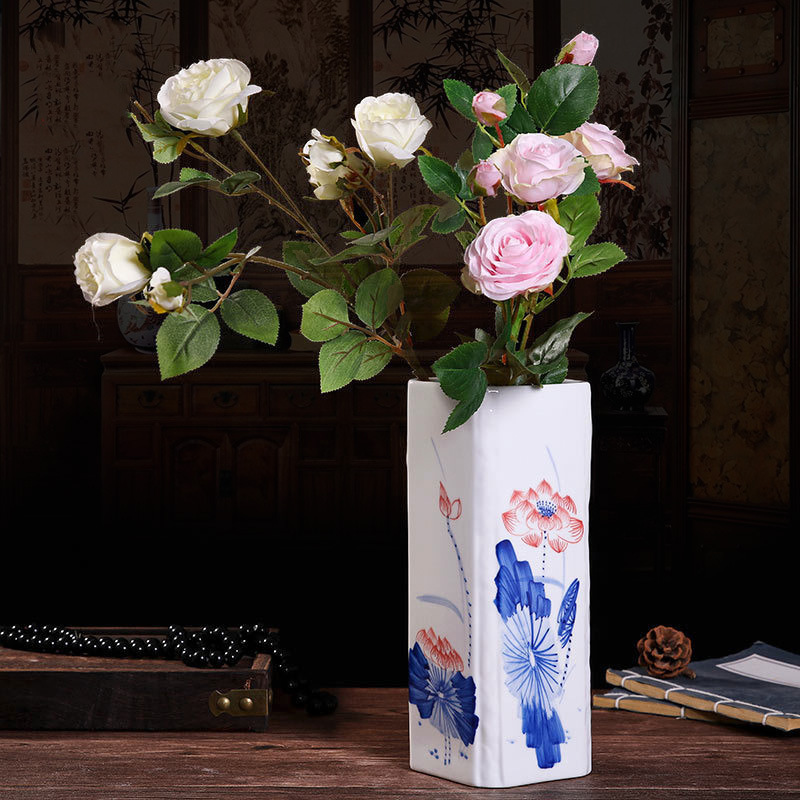 景德镇陶瓷仿古青花瓷粉彩小花瓶 四方形插花器客厅装饰桌面摆件