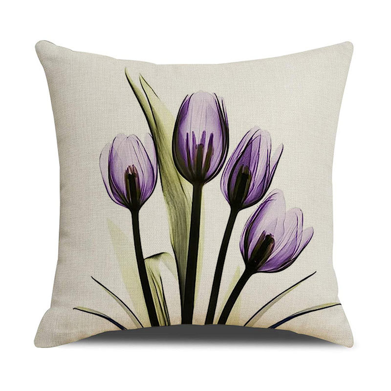 Amazon Cross-Border Light Luxury Plant Flower Linen Pillow Cover Purple Tulip Digital Printing Throw Pillowcase Home