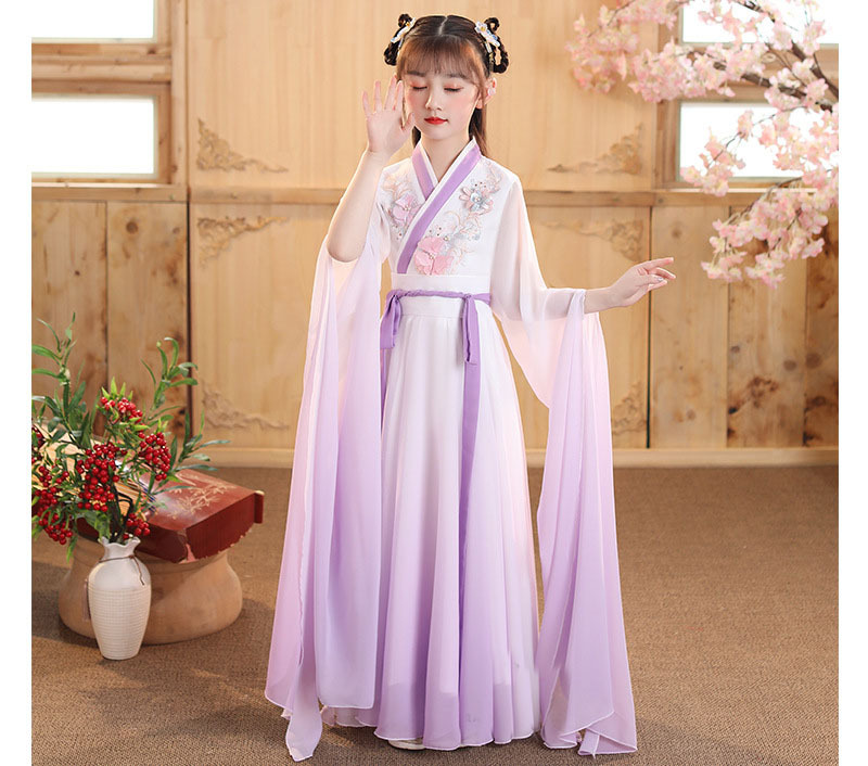 女童汉服儿童水袖古筝演出服中国风女大童古典舞表演改良飘逸紫色