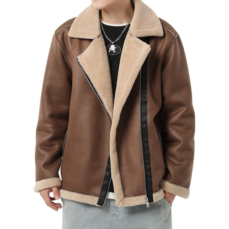 Suede Fur Integrated Fleece-Lined Leather Coat Men's Autumn and Winter Lapel Lambswool Cotton-Padded Coat Men's Motorcycle Leather Jacket