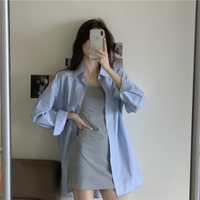 两件套装韩风女春夏季学生宽松POLO条纹衬衫+灰色吊带连衣裙潮流