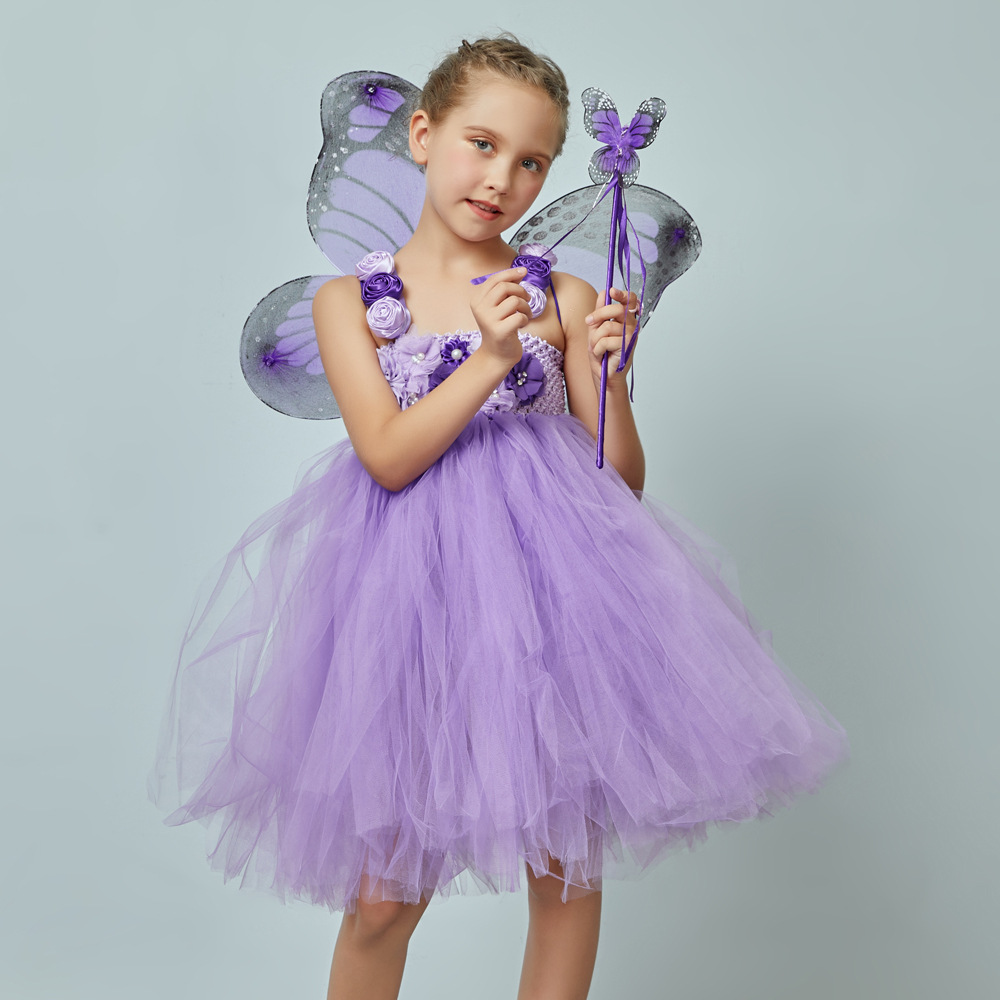 欧美紫色花朵女童蓬蓬裙花仙子公主连衣裙儿童婚纱礼服节日表演裙