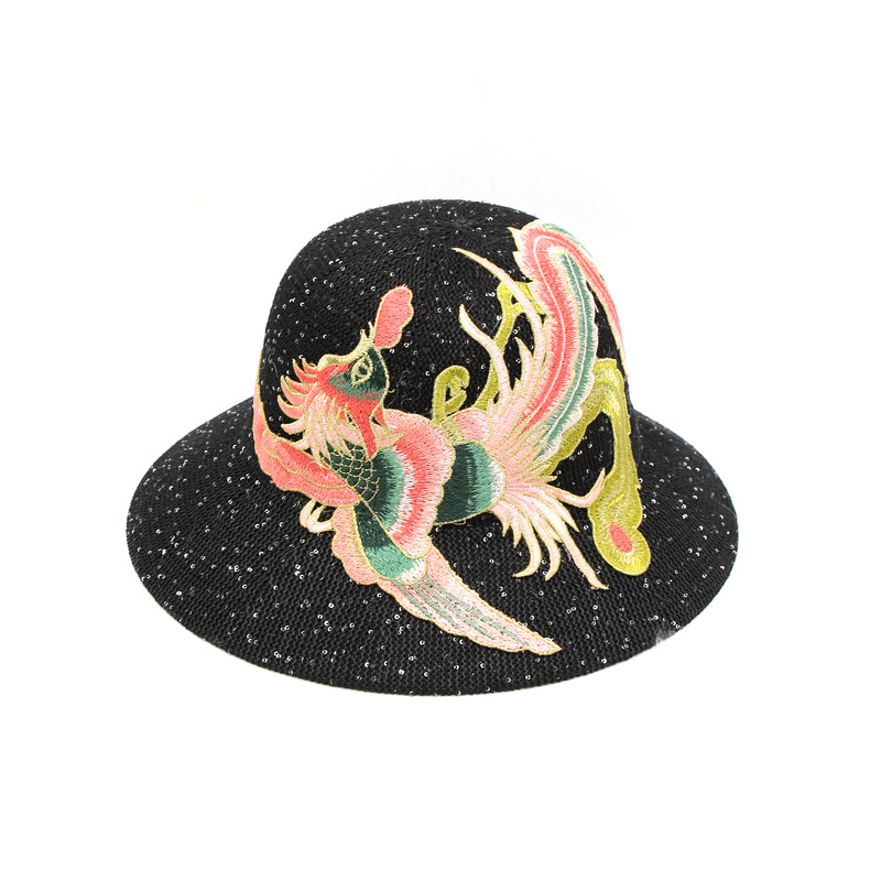 2022夏季新款民族刺绣遮阳帽复古凤凰绣花渔夫帽遮阳防晒盆帽