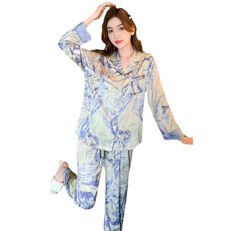 2023 New Spring and Autumn Ice Silk Pajamas Women's Water Light Pattern High-Grade Korean Style Outerwear Homewear Suit