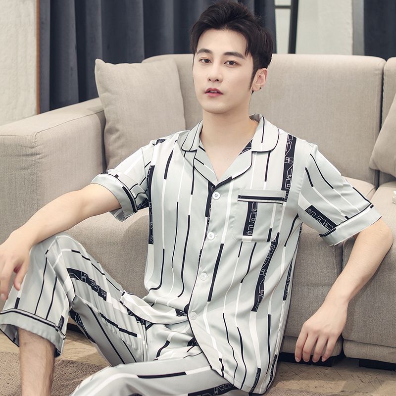 睡衣男士夏季薄款冰丝短袖夏天高级感仿真丝绸青年大码家居服套装