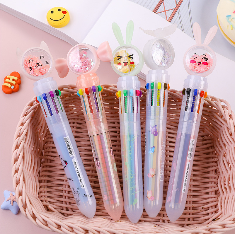 INS Girl Heart 10 Color Press Sequins Butterfly Rabbit Cat Candy Ballpoint Pen Transparent Color Hand Account Oil Pen