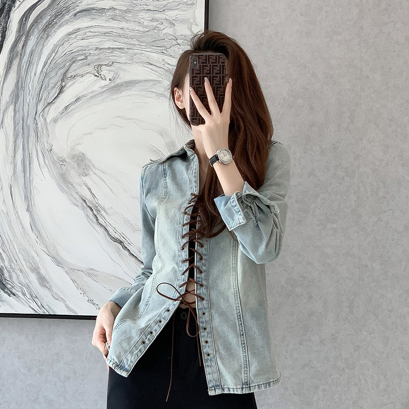 2022新款韩系交叉皮绳绑带洗水长袖牛仔衬衫女春秋设计感小众
