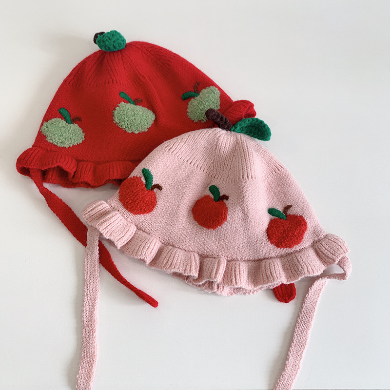 女宝宝帽子冬季双层加厚公主花边毛线帽韩版可爱苹果婴儿护耳帽潮