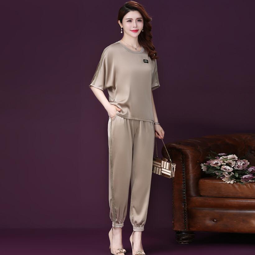 两件套装女减龄40岁至60中年女装休闲时尚宽松显瘦真丝哈伦裤上衣