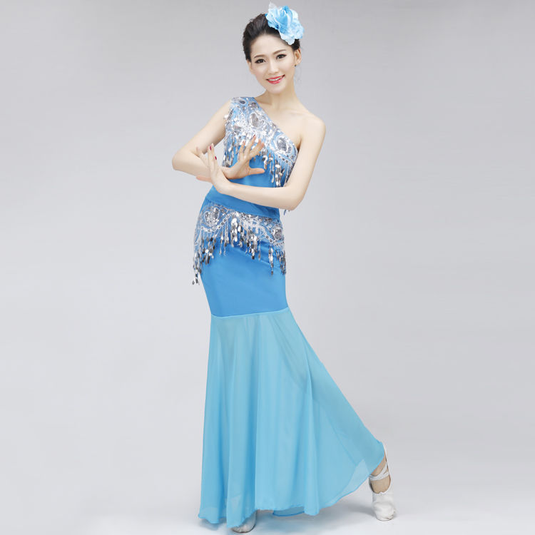 傣族演出服舞蹈服装女装傣族舞孔雀亮片表演服长款鱼尾裙民族服饰