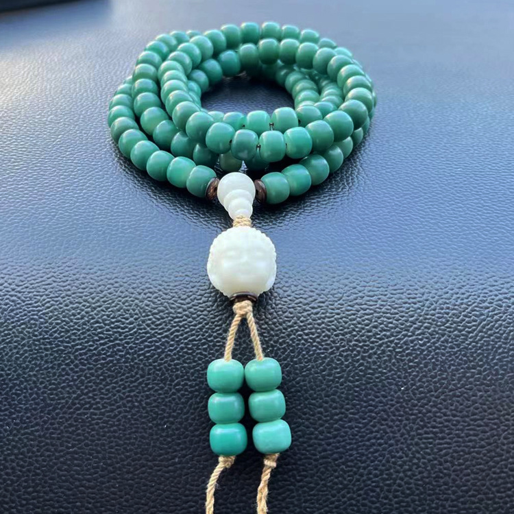 菩提根佛珠手串莲花风化绿幽灵色菩提籽手饰莲花手持提珠文玩车挂