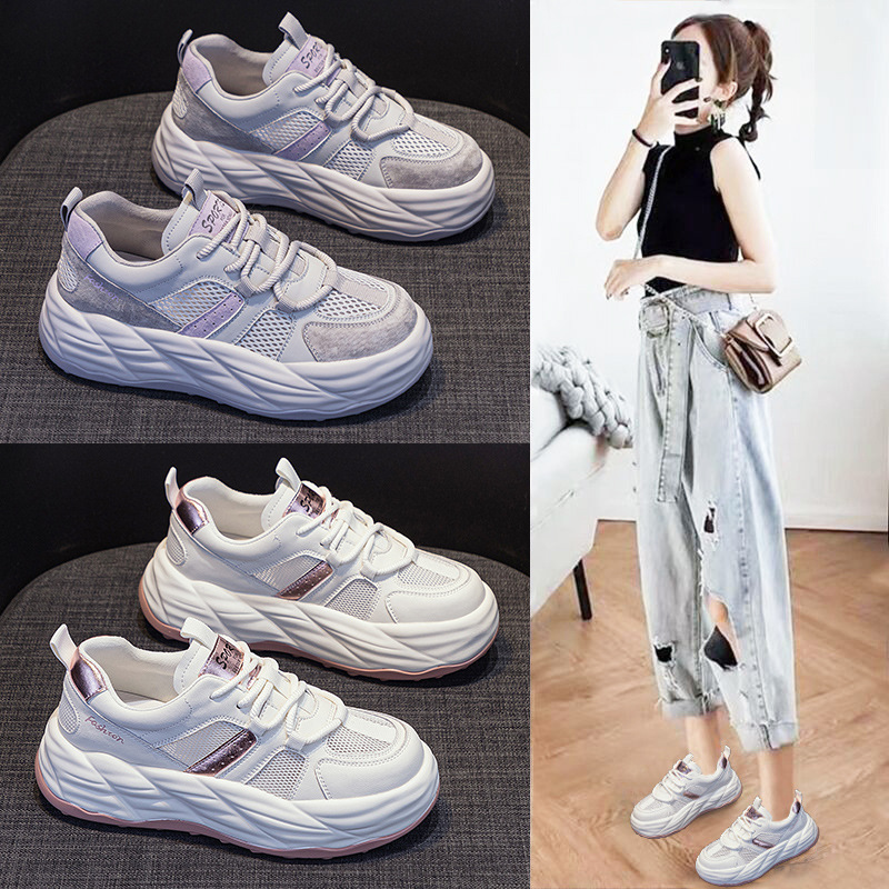Genuine Leather Internet Hot White Shoes Women 2023 New Spring All-Match Super Hot Mesh Dad Shoes Casual Spring and Autumn Single-Layer Shoes
