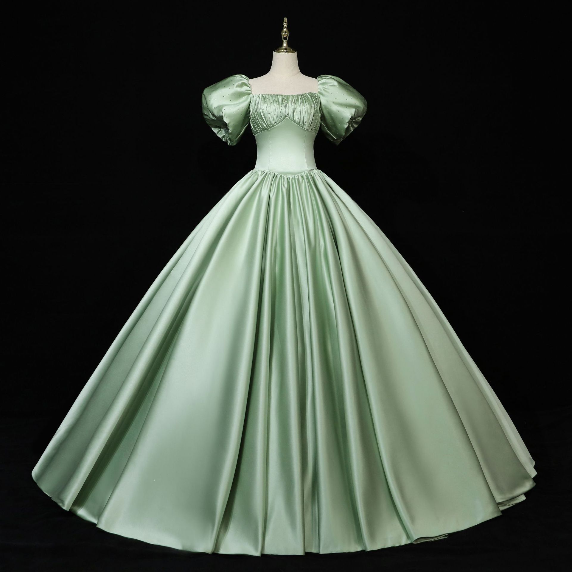 跨境货源 欧美婚纱晚礼服 缎面牛油果绿色宴会舞台演出蓬蓬裙供应