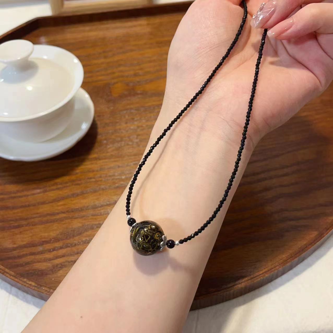原创新款黑金大漆珠锁骨链项链女款 20mm左右文玩手工项链锁骨链
