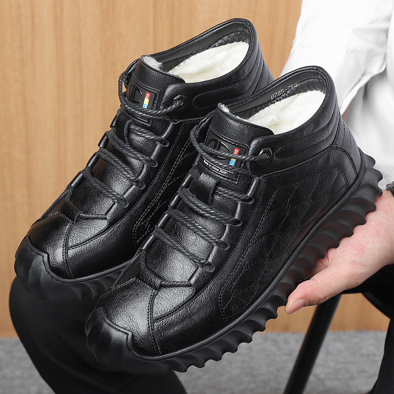 冬季保暖加厚羊毛休闲男棉鞋高帮男士防滑爸爸鞋系带厚底学弟棉靴