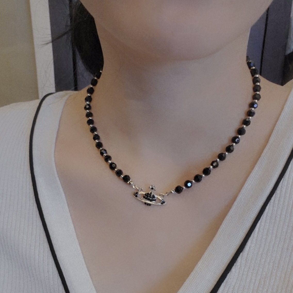 西太后满钻黑玛瑙土星珍珠项链女 复古气质黑水晶锁骨链高版本