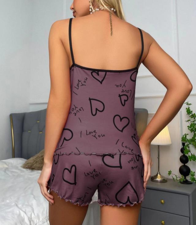 Cross-Border European and American Foreign Trade Summer New Suspender Casual Women's Clothing Heart Shape Printed Contrast Color Pajamas Shorts Suit Wholesale