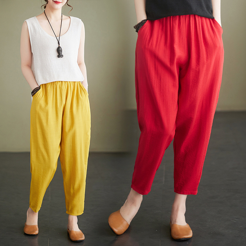 Pure Cotton and Linen Cropped Pants 2023 Summer Thin Women's Pants Loose Large Size Mother Elastic Waist Casual Pants Harem Pants Women