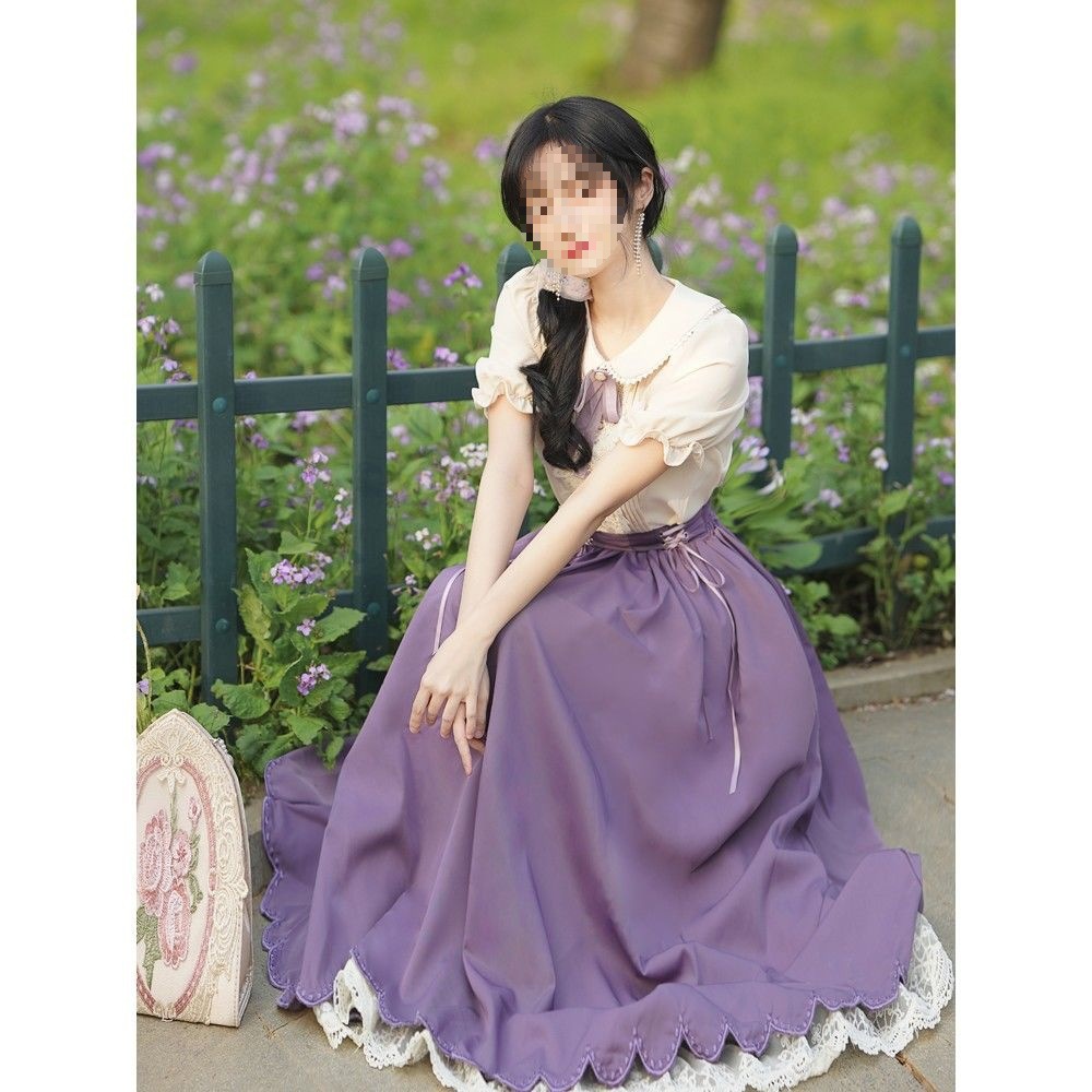 爆款文艺学院风复古蕾丝大摆裙仙女短袖套装女日常洛丽塔在逃公主