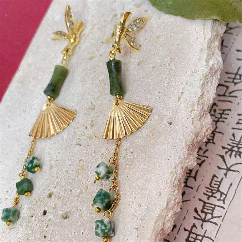 Cheongsam Hanfu Golden Bamboo Tassel Earrings Small Fan Bamboo Retro National Style Ancient Style New Chinese Style Ear Studs Earrings