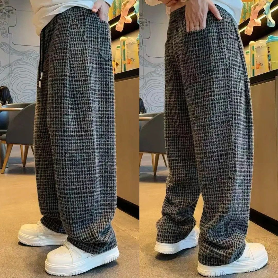 秋冬加厚美式复古简约休闲百搭时尚潮流男新款格纹直筒格子休闲裤
