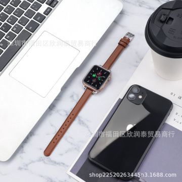 适用iwatch7/6真皮表带时尚苹果手表4/3/2/1代表带se个性细表带女
