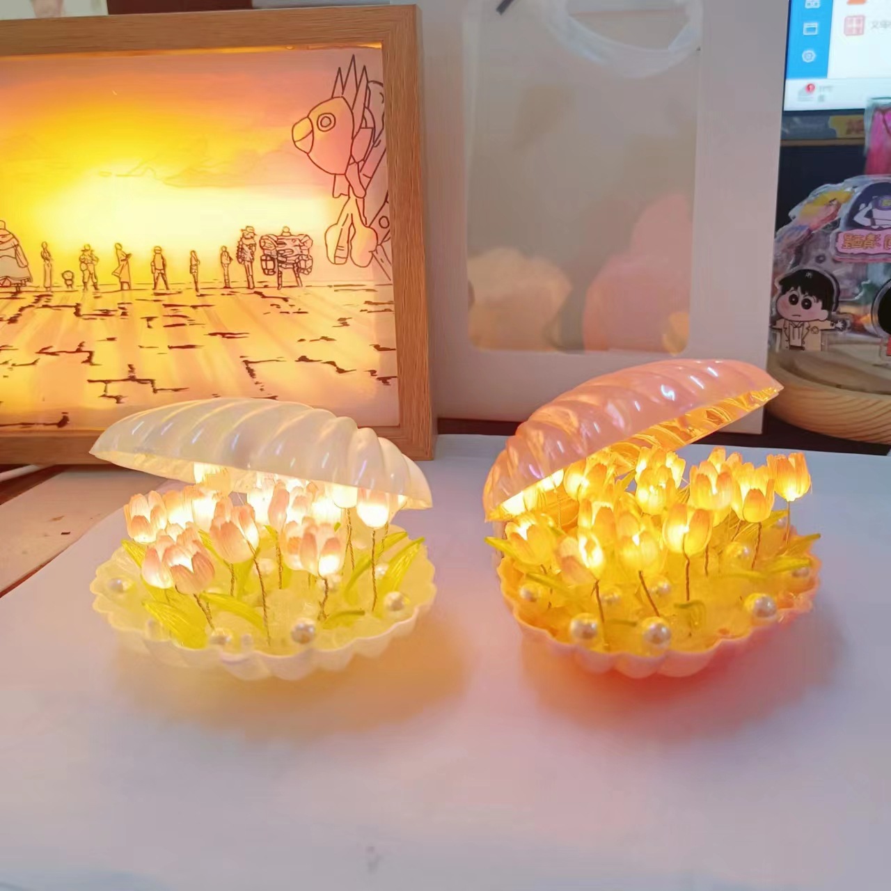 Tiktok Same Style Handmade Diy Shell Tulip Small Night Lamp Creative Gift Bedside Table Ambience Light Luminous Ornaments