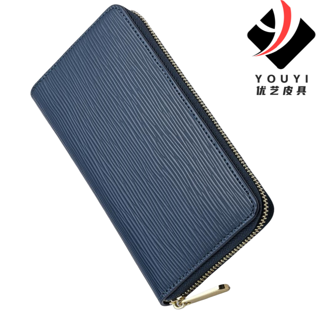 跨境新款水波纹男士长款真皮钱包日本亚马逊商务通勤拉链手拿包