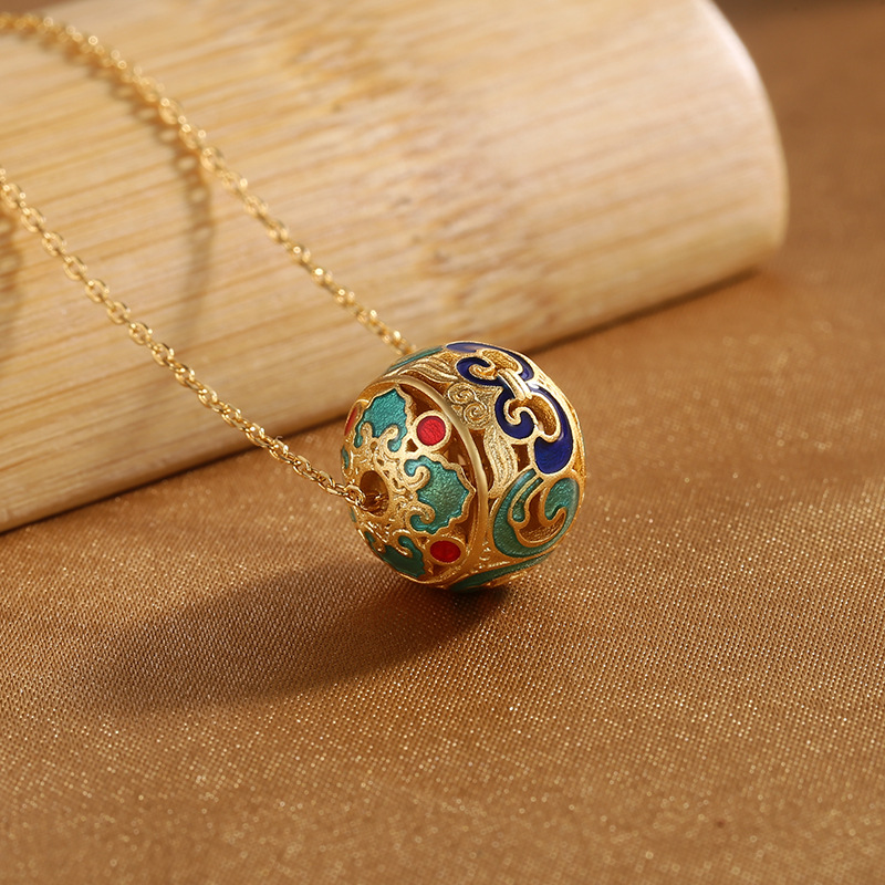 s925纯银项链女款民族风烧蓝四方祥和如意珠吊坠转运珠锁骨链配饰