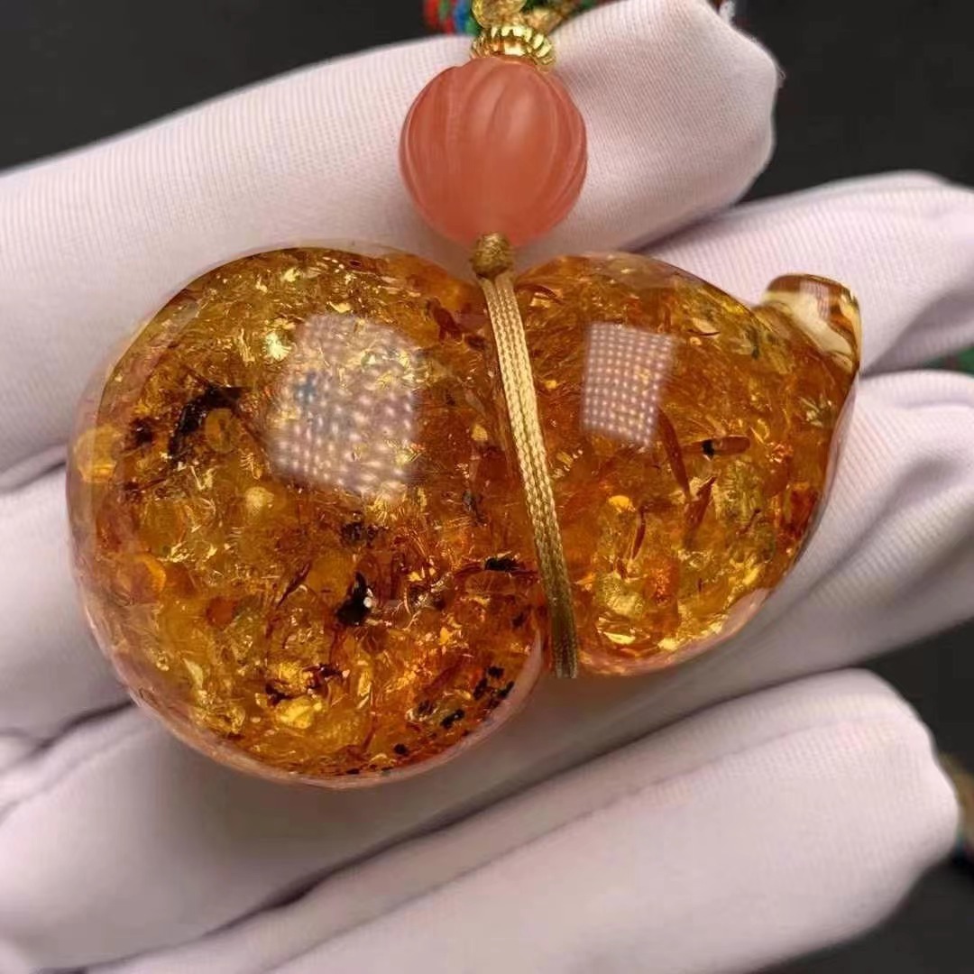 天然琥珀花珀葫芦吊坠 搭配手工编织绳 南红蜜蜡南瓜珠花朵意境美